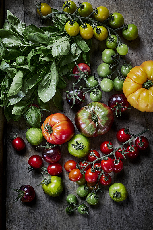 Composition de fruits et légumes de saison photographiée vue de dessus